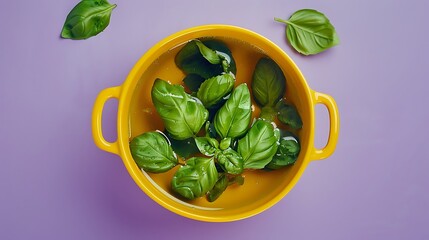 Wall Mural - Organic basil is added to the boiling water in a yellow bowl set on a purple backdrop