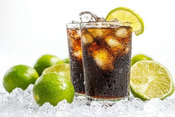 Two refreshing iced cola beverages with lime wedges, condensation, isolated on white background.