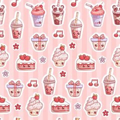 Wall Mural - Seamless pattern with cute kawaii cartoon character festive sweet food and drinks on pink striped background. Vector illustration. Kids collection.