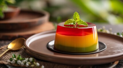 Organized snack of colored pudding on a brown plate