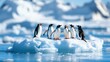 © akarawit - A delightful gathering of gentoo penguins on a glistening ice floe, surrounded by stunning blue waters and majestic icebergs, showcasing their playful social behavior in the Arctic.