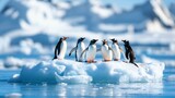 A delightful gathering of gentoo penguins on a glistening ice floe, surrounded by stunning blue waters and majestic icebergs, showcasing their playful social behavior in the Arctic.