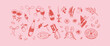 © Kseniia - Girly food and wine pink background. Coquette style. La dolce vita concept. Design elements for Valentines Day greeting cards, wedding invitations, happy birthday designs. Minimalist illustration