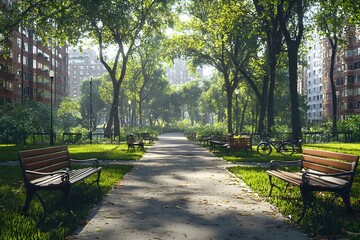 Canvas Print - Tranquil urban park with benches and lush trees on a sunny day