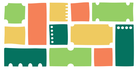 Wall Mural - empty text frames with stabbing, hand drawn tickets and coupons, colorful text and message boxes. ve