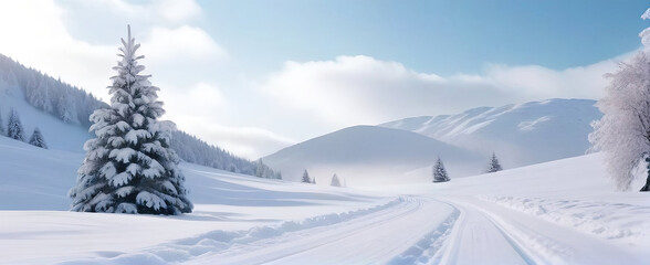 Wall Mural - Beautiful natural panorama of snowy winter road with mountains and spruce.