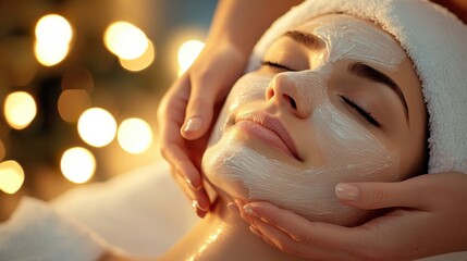 Poster - A woman getting a facial at the spa with lights in background, AI