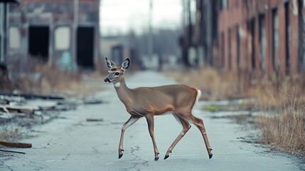 Poster - A close-up photograph of a deer walking on an empty city street, with a background of abandoned buildings 