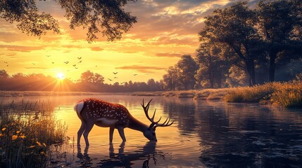 Wall Mural - A majestic deer grazing on a river bank as the sun sets, casting a serene glow over the scene.