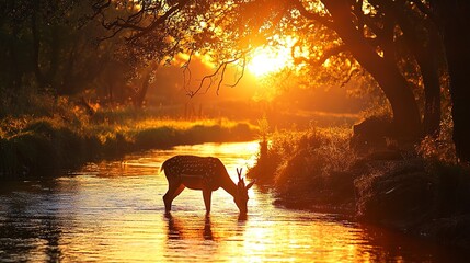 Poster - A majestic deer grazing on a river bank as the sun sets, casting a serene glow over the scene. 