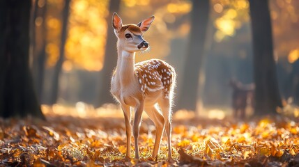 Poster - A close-up of a young deer standing in a sunlit forest during autumn, capturing the tranquility and beauty of nature.