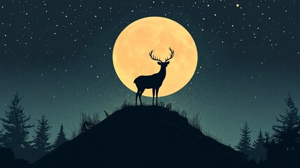 Sticker - Minimalist silhouette illustration of a deer standing on a hill under a full moon, creating a serene and peaceful night scene.