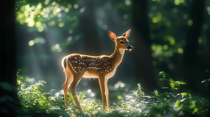 Poster - A young deer stands gracefully in a sunlit forest, surrounded by lush greenery and dappled sunlight, embodying tranquility and nature's beauty.