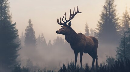 A majestic deer stands amidst misty trees, embodying the essence of wilderness and tranquility in nature.