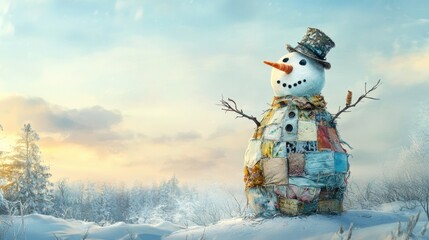 Canvas Print - A snowman with a top hat and scarf standing in the middle of some trees, AI