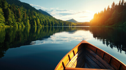 A serene lake at sunrise, with a wooden boat floating gently on calm waters, surrounded by lush forests and majestic mountains.