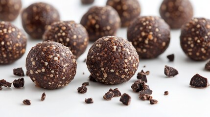 Close-up of chocolate energy balls with chocolate chips on a white background.