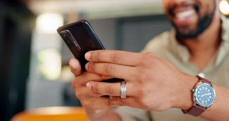 Poster - Hands, black man and phone for typing at house for reading news, email and communication notification on social media. Smile, male person and mobile for networking, online chat and entertainment