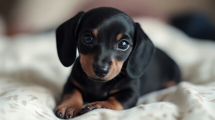 Wall Mural - A small black and tan puppy laying on a bed, AI