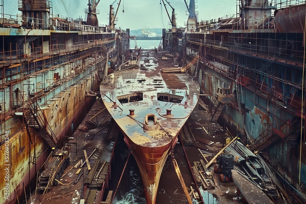 A panoramic view of a shipyard where hulls of vessels undergo ...