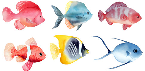 Wall Mural - Group of coral reef fish, isolated on plain white