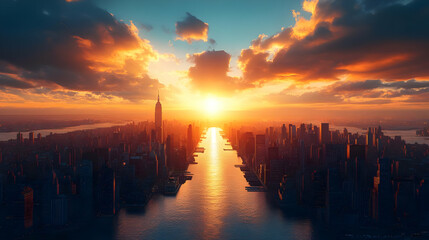 Wall Mural - A breathtaking sunrise over the New York City skyline, with the sun rising over the East River.