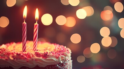 A festive cake with two lit candles, surrounded by a blurred background of colorful lights, perfect for a celebration.