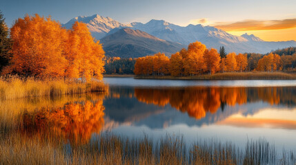 Autumn landscape with vibrant orange trees reflecting in calm lake near mountains at sunset