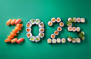 Sushi and sushi various  isolated. featuring Sushi and sushi various arranged to form the numbers 2025 on a green background. Japanese sushi 2025 isolated
