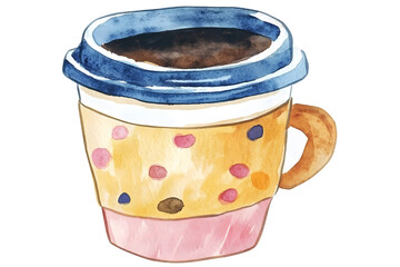 Hand-drawn watercolor illustration of a coffee-to-go cup, isolated on a white background