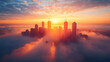 A city skyline emerges from the clouds at sunrise, bathed in golden light.