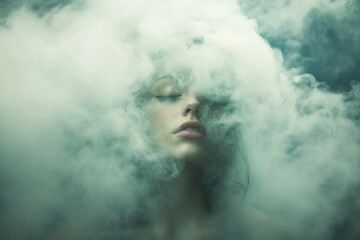 close up of women's head surrounded with cloud, anxiety depression or mental health concept	