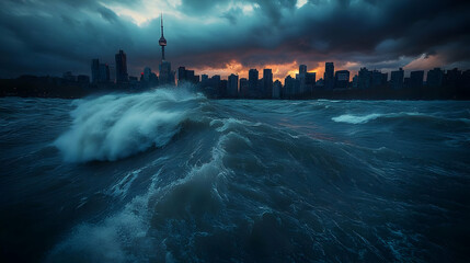 Wall Mural - A city skyline is seen in the distance with large waves crashing in the foreground during a powerful storm.