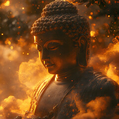 Serene Buddha statue surrounded by ethereal flames, symbolizing spirituality and enlightenment in a mystical atmosphere.