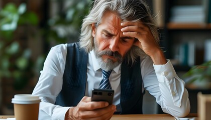 Wall Mural - Overworked Executive Confuses Calculator for Smartphone in Exhausted Moment