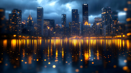 A cityscape at night with a cloudy sky and a reflection in the water.