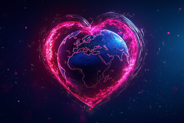 Wall Mural - 3d image that sees the earth inside a heart in glowing neon colors
