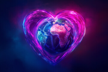 3D image that sees the Earth inside a heart in glowing neon colors