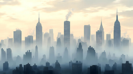 Sticker - A cityscape shrouded in fog at sunrise, with tall buildings silhouetted against the hazy sky.