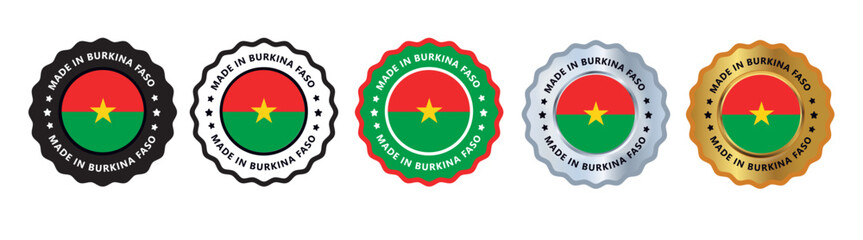 Made in burkina faso set of sign stamp badge, with varian color green red, silver, gold, black suitable for products manufactured, military, agriculture or food vector illustration eps editable text