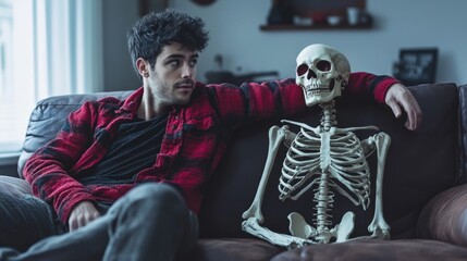 Poster - A man sitting on a couch next to a skeleton, AI