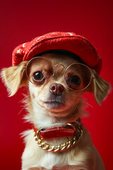 Poster - A small dog wearing a red hat and glasses