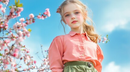 A young girl standing in front of a pink blossom tree, AI