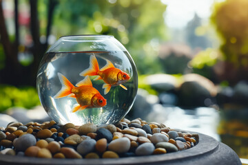 Two goldfish in a bowl