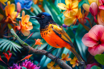 Poster - A colorful bird sitting on a branch surrounded by flowers