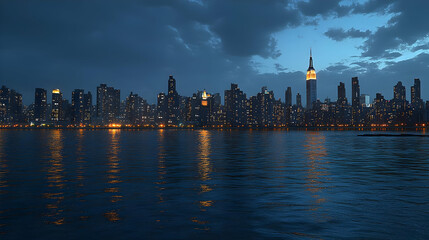 Sticker - A cityscape with tall buildings and a river in the foreground. The buildings are lit up, and there are clouds in the sky.