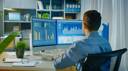 Businessman at desk analyzing revenue charts on digital screen, focused on financial growth and business success, office equipment in background.