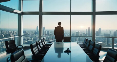 young businessman in a meeting room overlooking city from high-rise window. business concept.