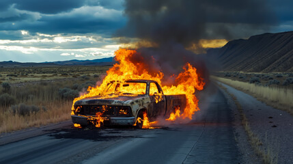 A burnt out truck on the side of a road with flames coming out of it