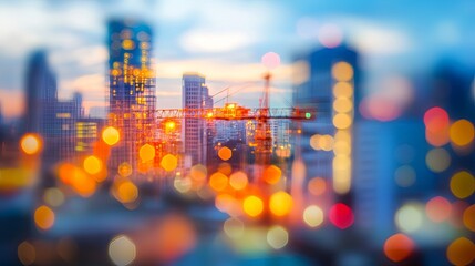 Wall Mural - A blurred cityscape at sunset featuring buildings and a crane, creating a vibrant, colorful atmosphere.